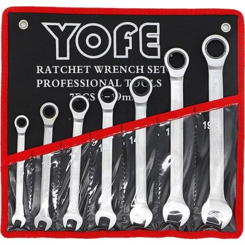 YOFE 7pcs/set 8-19mm Ratchet Handle Wrench Quick Metric Universal Spanner CR-V Matt Combination Wrench Set Auto Repair Tools