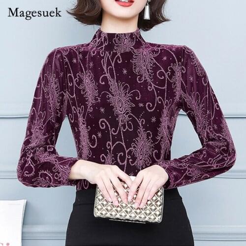 Sexy Mesh Autumn Fashion Long Sleeve T-shirt Bright Silk Half High Collar Blouse Women Vintage Elegant Splicing Tops Blusa 16729