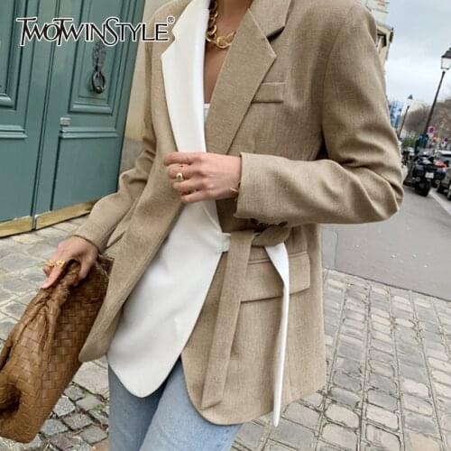 TWOTWINSTYLE Hit Color Casual Blazer For Women Notched Long Sleeve Patchwork Bowknot Blazers Female 2021 New Clothing Spring