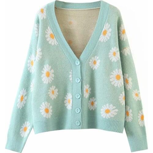 Womens Button Down Cardigan Sweet Long Sleeve V Neck Floral Print Knit Sweater