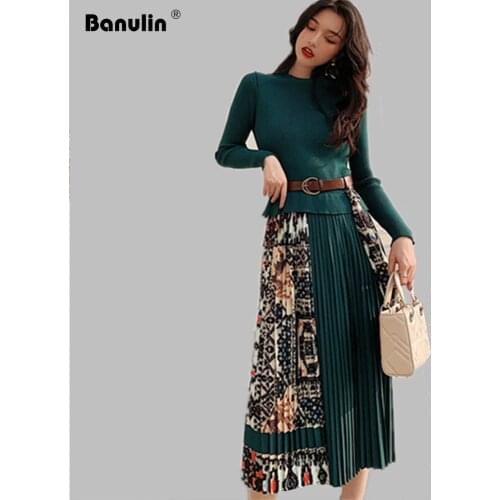 Banulin 2020 New Spring Elegant Knitted Patchwork Pleated Midi Dress Women Long Sleeve Retro Runway Printing chic Dresses