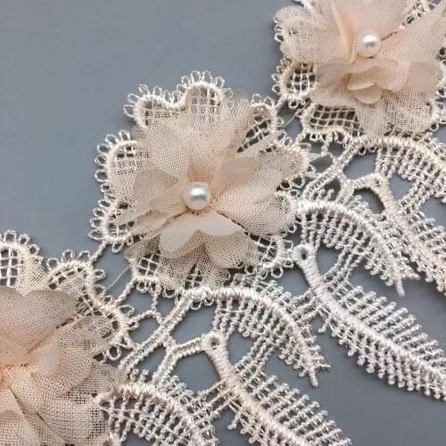 1 yard Pink Pearl Beaded 3D Flower Leaf Tassel Lace Trim Applique Fabric Patches Embroidered Sewing Craft DIY Wedding Dress