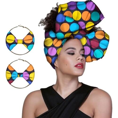 2021 Fashion African Headwraps+Earings 2 piece Sets for Women Bazin Riche African Head Scarf Wax Cotton Match African Clothing