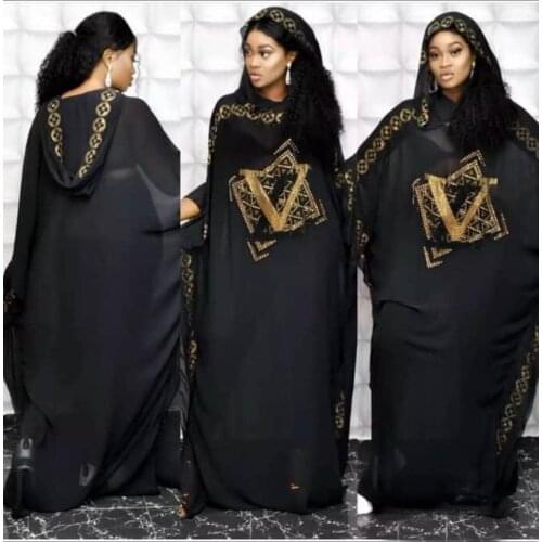 African Design Beading Abaya Chiffon Dashiki Dress Bat Hoodies Cape Muslim Bazin Long Maxi Robe Gowns Africa Dashiki Traditional