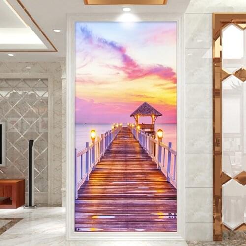 Sunset Wooden Pavilion With Sea View DIY Door Stickers Home Decoration Wall Stickers Porch Art Mural Peel & Stick PVC Wallpaper
