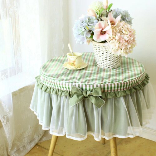 Cotton Blue Green Plaid Small Round Table Cloth Pastoral Household Table Cover Lace Bedside Cupboard Home Cafe Decor Customizabl