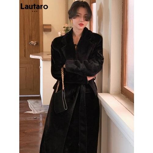 Lautaro Winter Oversized Long Black Soft Faux Fur Trench Coat for Women Long Sleeve Sashes Casual Stylish Korean Fashion 2021