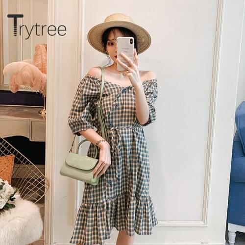 Trytree 2020 Summer Woman Casual Dress V-neck Plaid Green A-line Dress Button Belt Ruffles Fashion Elegant Knee-Length Dress