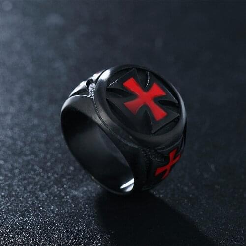 Mens Rings Black color Stainless Steel Red Armor Shield Knight Templar Crusader Cross Ring Punk Jewelry Drop Shipping