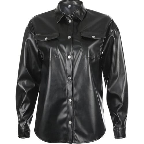 2020 New Casual Leather Top Fashion Solid Color Black Casual Comfortable Simple All-match Thin Section Leather Shirt