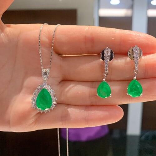 QTT New Arrival Luxury 925 Sterling Silver Sets Emerald Tourmaline Gemstone Earrings/Pendant/Necklace Wedding Jewelry Sets