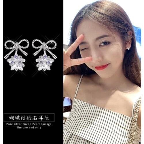 New S925 silver needle bow small earrings crystal from Swarovskis versatile small fresh and simple tide earrings For Woman