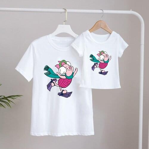 Pooh Winnie Piglet Print Family Matching Outfits Mother Father Baby Matching T-shirt Short Sleeve Family Clothes