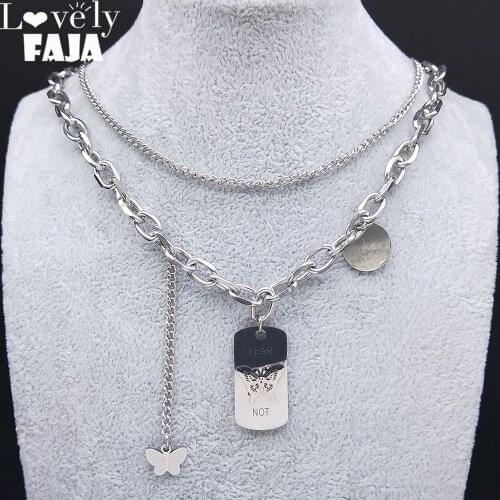2PCS Hip Hop Love Butterfly Stainless Steel Choker Necklace Women Silver Color Tassel Layered Necklace Jewelry joyas NXH94S03