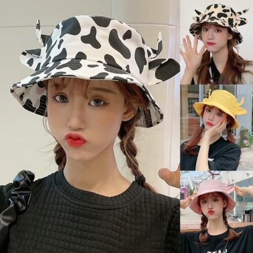 Korean Women Men Summer Cotton Bucket Hat Milk Cow Pattern Kawaii 3D Ox Horn Ears Wide Brim Sunscreen Fisherman Cap