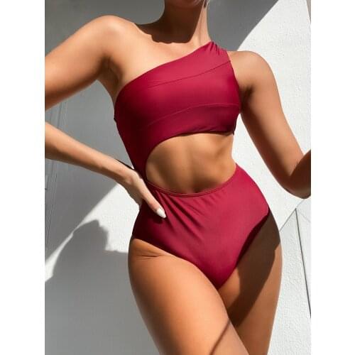 Sexy One Shoulder Swimwear купальники женские 2021 High Waist Swimsuit One Pieces Padded Monokini Red Bandeau Beach Swim Wear