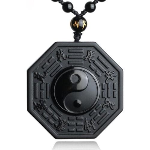 Natural Obsidian Five Elements Eight Diagrams Pendant Jewelry Fine Jewelry Taiji Eight Diagrams Sweater Chain Necklace Pendant