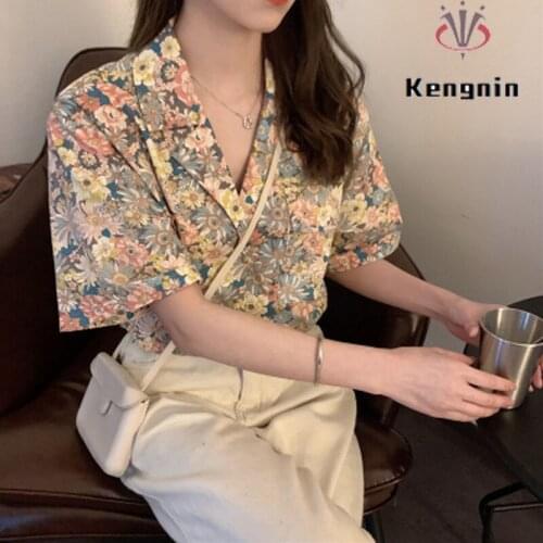 Summer 2021 Chiffon Women Blouse Loose Korean Chic Ladies Shirts Short Sleeve Print Tops Oversized Female Blasue KE1092