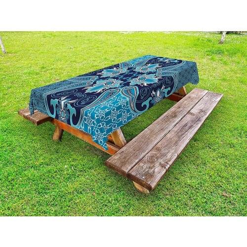 Navy Outdoor Indoor Tablecloth, Middle Eastern Persian Pattern with Moroccan Effects Design