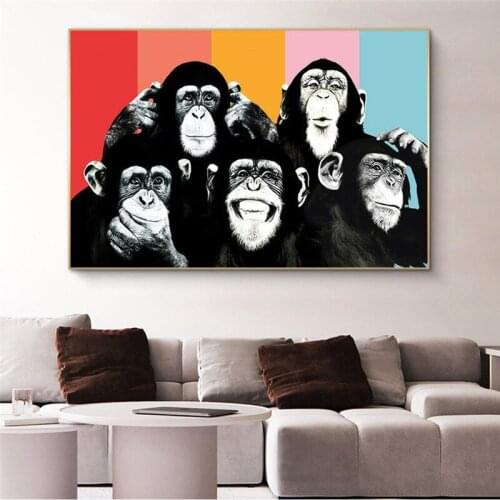 Funny Five Monkeys Canvas Paintings on The Wall Posters and Prints Modern Graffiti Animals Wall Art Pictures for Living Room
