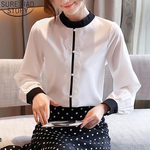 2021 Autumn Solid White Chiffon Blouse Office Lady Chiffon Shirts with Lace Blouses Women Fashion Long Sleeve O-neck Tops 10666