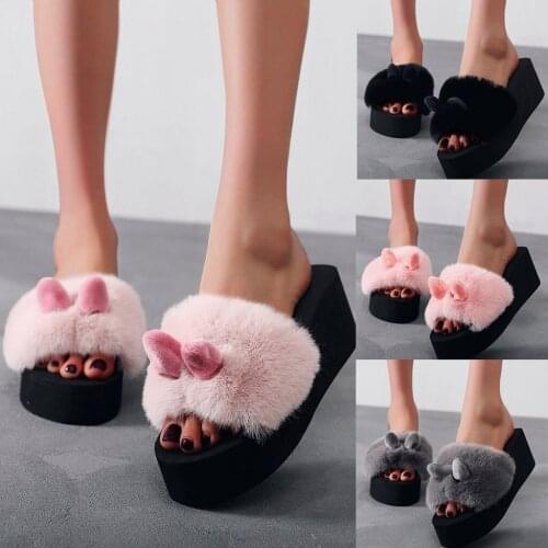 Women Slippers Fluffy Home Flats Shoes Fashion Beach Rabbit Ear Lady Slip-on Open Toe Wedges Female Warm Winter Slipper Shoes