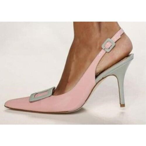 Sweet Pink leather Sling Back Buckle Straps Women Thin High Heel Pumps Pointed Toe Sexy High Heels Dress Shoes Stilettos 34-43