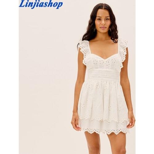 Sexy Hollow Embroidery White Dress Halter Cross Lace Sling Cotton Mini Dress Summer Ruffle Sleeveless Beach Party Casual