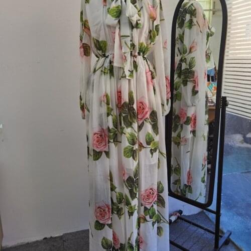 White green rose floral cross border maxi bohemian dress women robe 20 summer long casual beach sexy loose dresses plus size