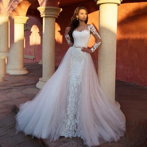 Long Sleeves Tulle Mermaid Wedding Dress With Detachable Train 2 In 1 lace Appliques Vintage Bridal Gown Robe De Mariee 2020