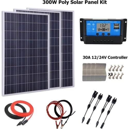 300w Solar Panel Polycrystalline solar panel system kit: w/30A LCD solar charge controller, solar cable, battery cable Z bracket