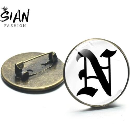 SIAN New Arrived Old English Letter Brooches A-Z Alphabet Glass Cabochon Lapel Pins Fashion Clothes Bag Jewelry Accessories
