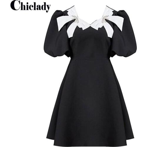 CHICLADY designer bow square collae short sleeve black midi dresses for women 2021 new fashion A-line party girl clothing french