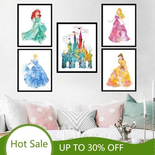 Disney Classic Movie Princess Snow White Castle Poster Cartoon Canvas Painting Wall Art Picture Cinderella Girl Room Home Decor