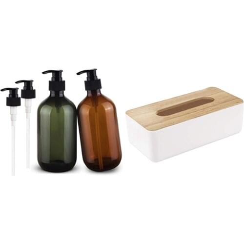 17Oz Soap Dispenser, Hand Dish Soap Dispenser With Wood Tissue Box Cover For Disposable Paper Facial Tissues