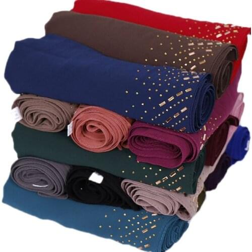 10pcs Long Scarves Gold Rhinestone Pearl Chiffon Muslim Hijab Turban Arab Women Shawl Wraps Headband Bufandas Sjaal 180*75cm