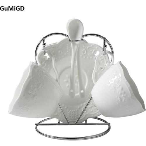 European style ceramic coffee cup dish set relief 2 pieces afternoon tea cup dish with shelf spoon