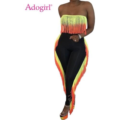Adogirl Changing Color Tassel Two Pieces Set Women Sexy Casual Tube Crop Backless Top Pencil Pants Suit New Fashion Tracksuit