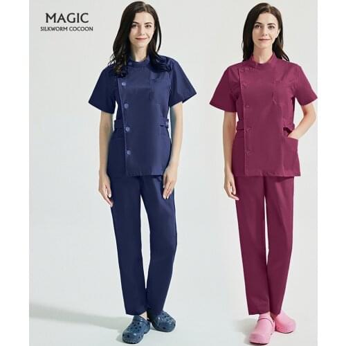 Beautician Button Scrub Blouse Scrub Pantss with Pocket Short Sleeve Beauty Uniform Spa Uniform Pet Grooming Agency Work Clothes