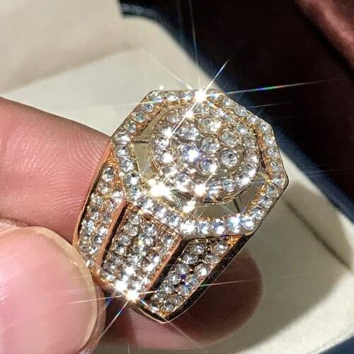 Shiny Rhinestone Hip Hop Fashion Mens Ring Vintage Stylish Yellow Gold Filled Stone Rings For Men Punk Rock Jewelry Male Ring