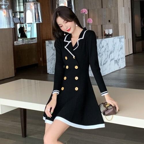 2021 Autumn Winter Sweater Dress Women Double-breasted A-Line Knitting Dress Thick Warm Office Ladies Dress Plus Size Vestido