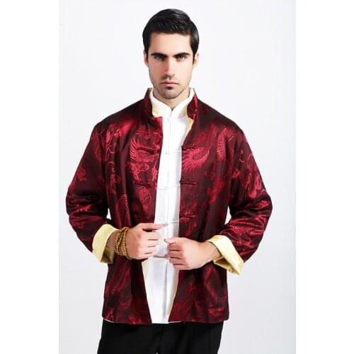 Burgundy Gold Chinese Men Reversible Coat Silk Satin Jacket Kung Fu Tang Suit Two Sided Overcoat Size M L XL XXL XXXL