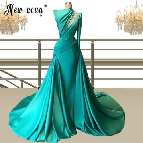 Dubai Luxury Muslim Green Evening Dress 2021 Pearls Party Gowns Islamic Turkish Dancer Dress vestido de festa Homecoming Dresses
