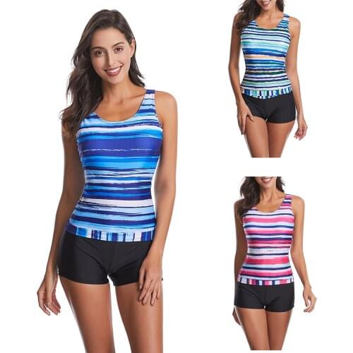 Plus Size Two Piece Swimsuit Striped Swimwear Women Shorts Tankini Push Up Swimsuit Modest Style Bathing Suit High Waist Beach