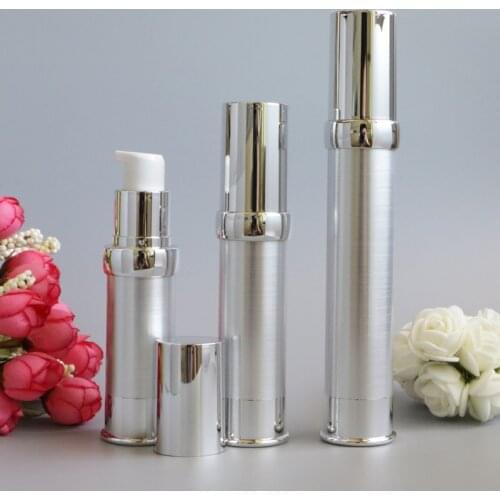 Luxury Metal Silver Mini Portable Vacuum Airless Travel bottles 15ml 20ml 30ml Liquid Makeup Empty Packaging Containers 10pcs