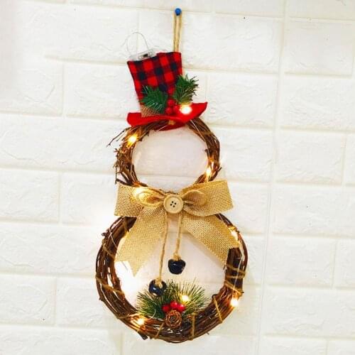 Christmas Wreath Hanging Decor Front Door Garland Snowman Pendant with LED Lights Home Party Holiday