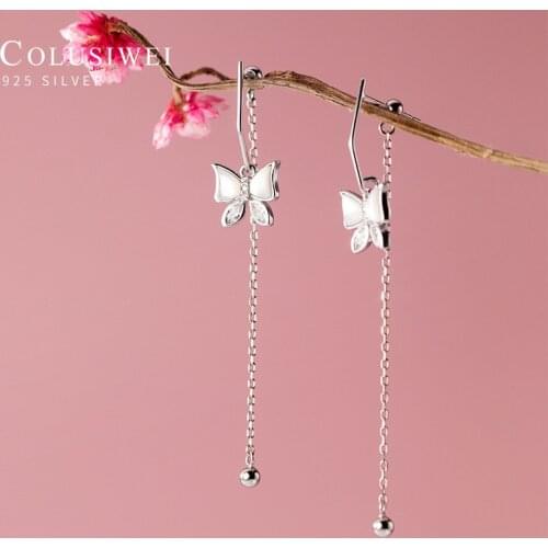 Colusiwei Clear CZ Exquisite Butterfly 925 Sterling Silver Drop Earring for Women Chain Tassel Beads Dangle Earring Fine Jewelry