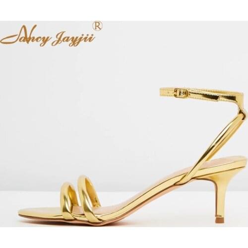 Female Shoes Woman Adult Ladies Sandals Golden Solid Ankle-Wrap Buckle High Thin heels Mature Elegant Concise Nancyjayjii 2019