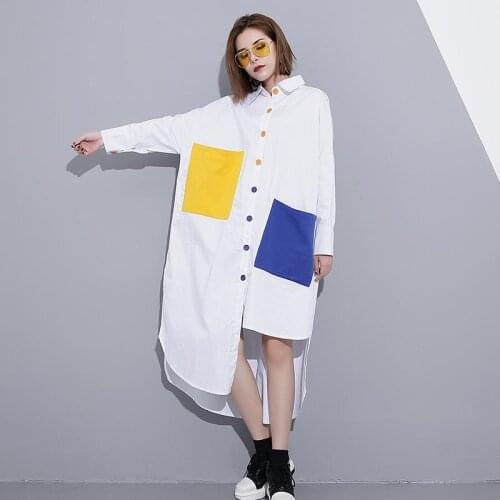 Large Womens Clothing Europe And America 2021 Spring Wear Lapel Long Sleeve Shirt Dress Contrast Medium Length Irregular Top