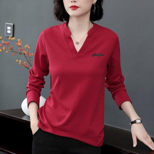 Women Spring Summer Style Cotton T-Shirts Tops Lady Casual Long Sleeve V-Neck Pullover Basic Tshirts Tops ZZ0089